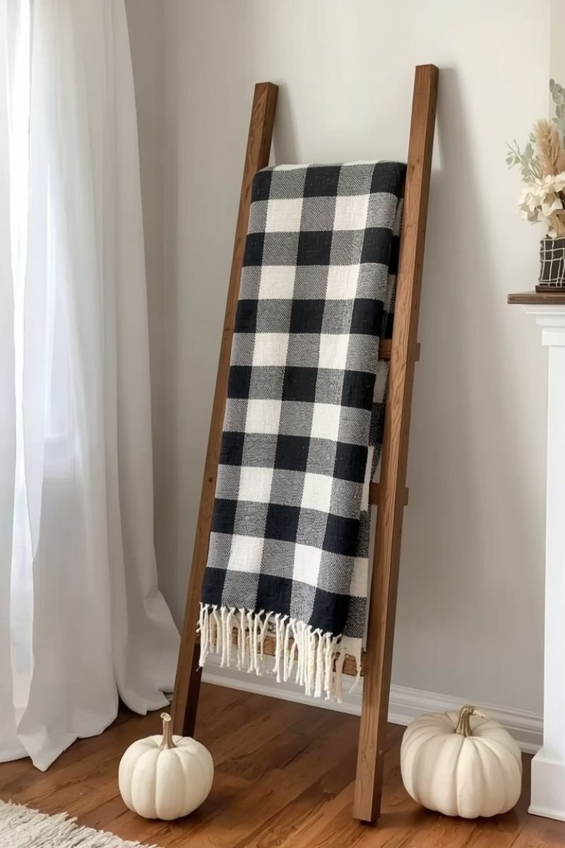 Wooden blanket ladder buffalo check throw fall farmhouse living room decor