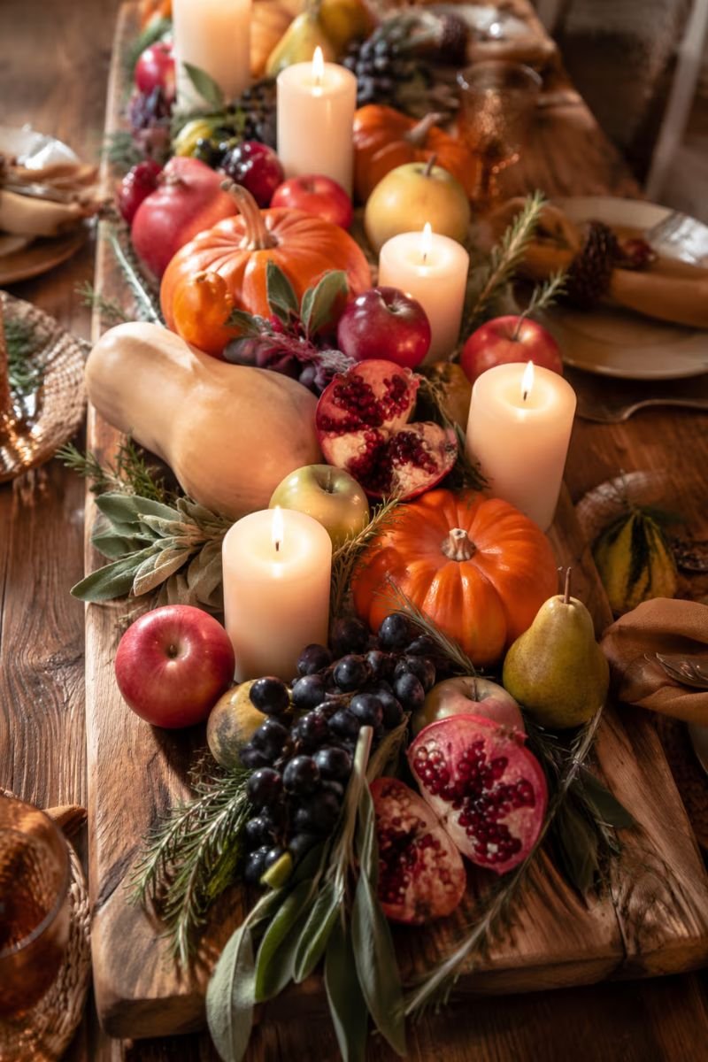 Wooden board real produce Thanksgiving centerpiece pumpkins squash apples pomegranates candles