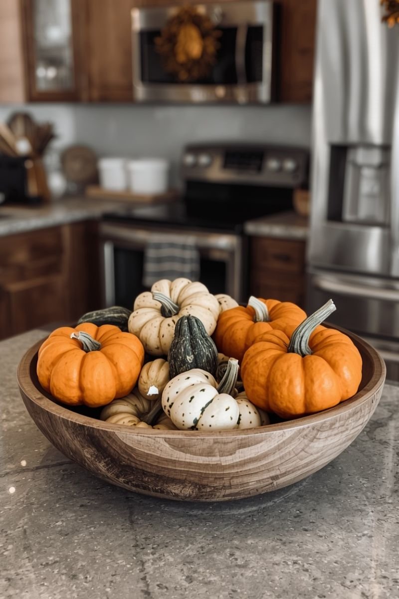 Wooden bowl filled decorative gourds mini pumpkins kitchen island fall