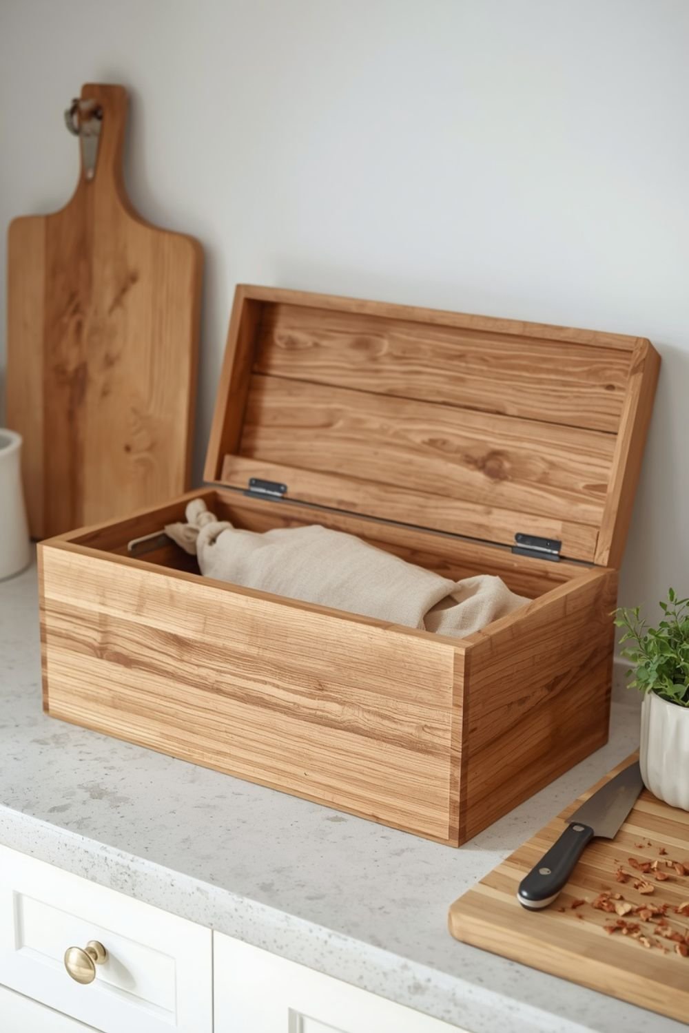 Wooden bread box on a kitchen counter with herbs and cutting board nearby