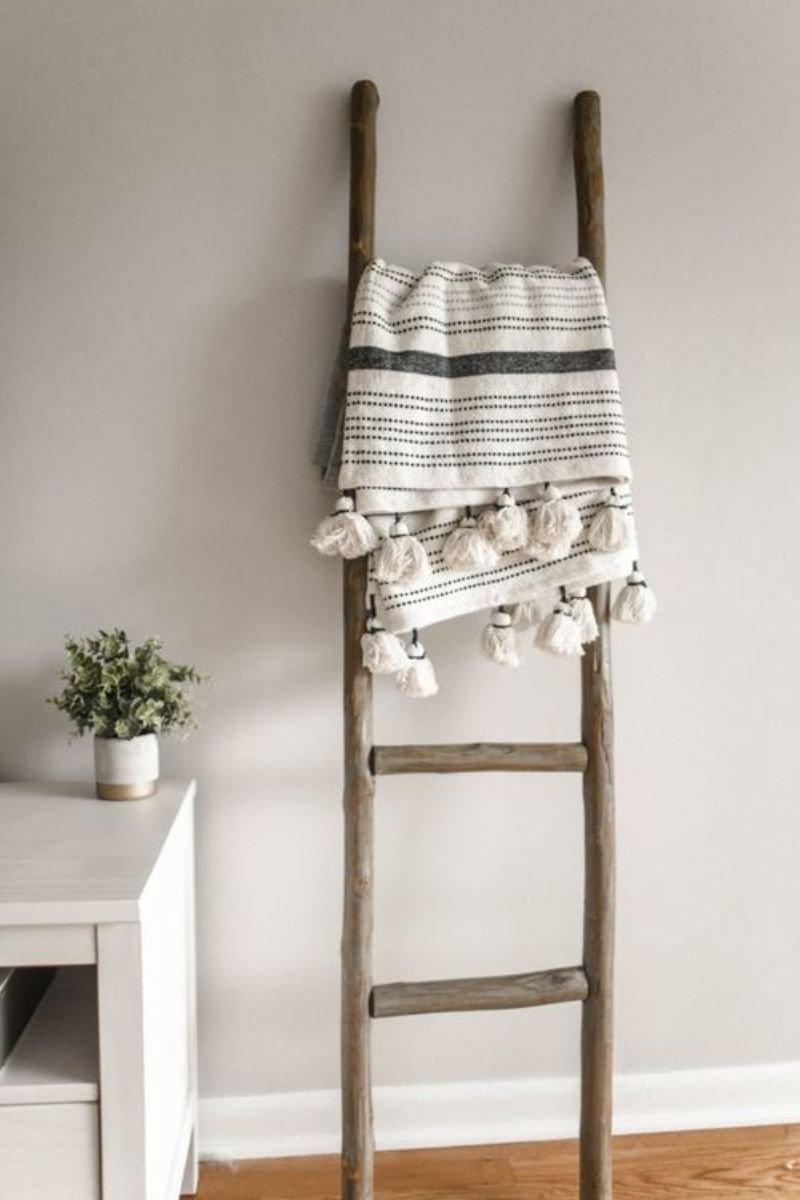 Wooden ladder porch throw blankets fall outdoor decor rustic
