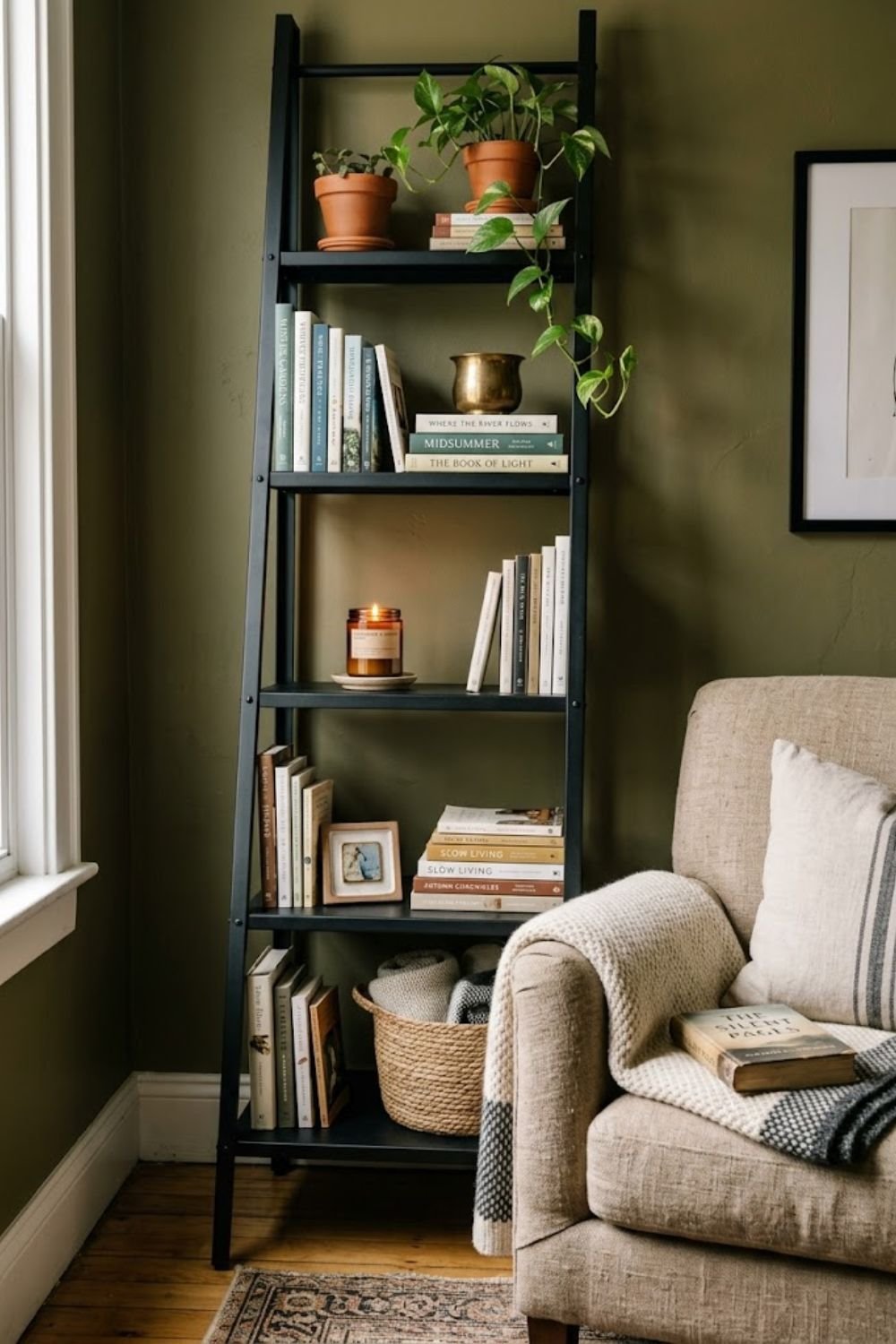 Wooden ladder shelf with books plant and candle leaning beside a reading chair