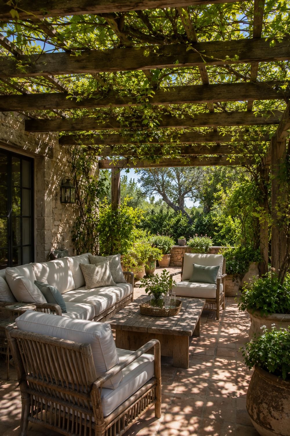 Wooden pergola with climbing vines providing shade over patio seating area