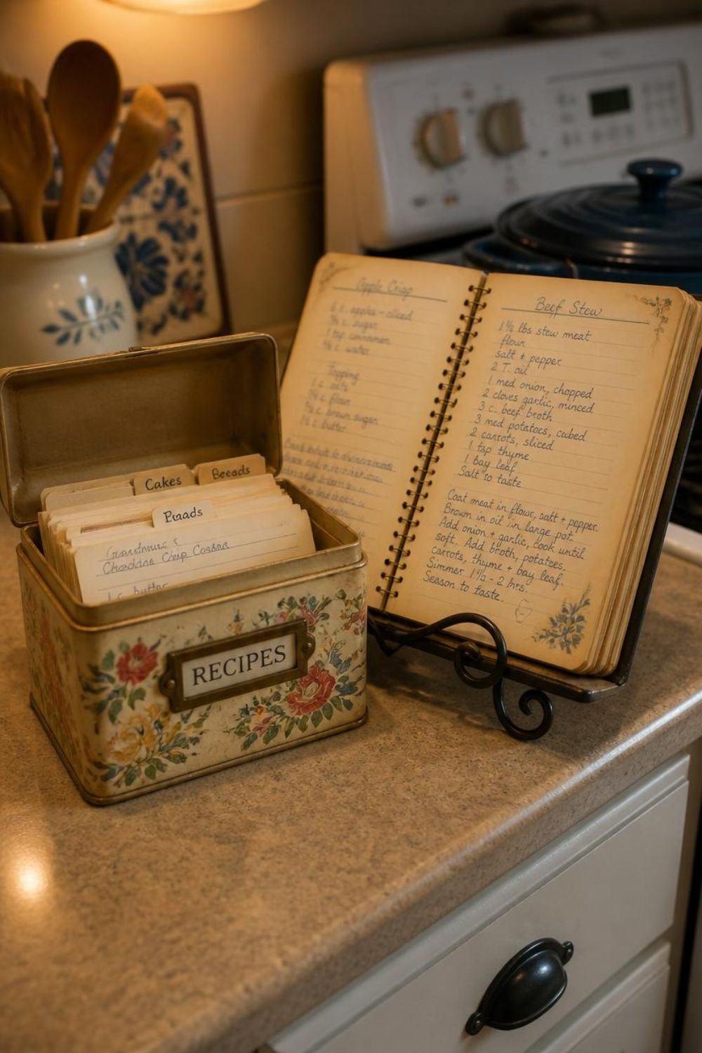 Wooden recipe card box with handwritten recipe cards on a kitchen counter