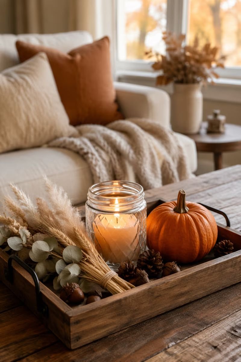 Wooden tray styled with fall decor on a living room coffee table