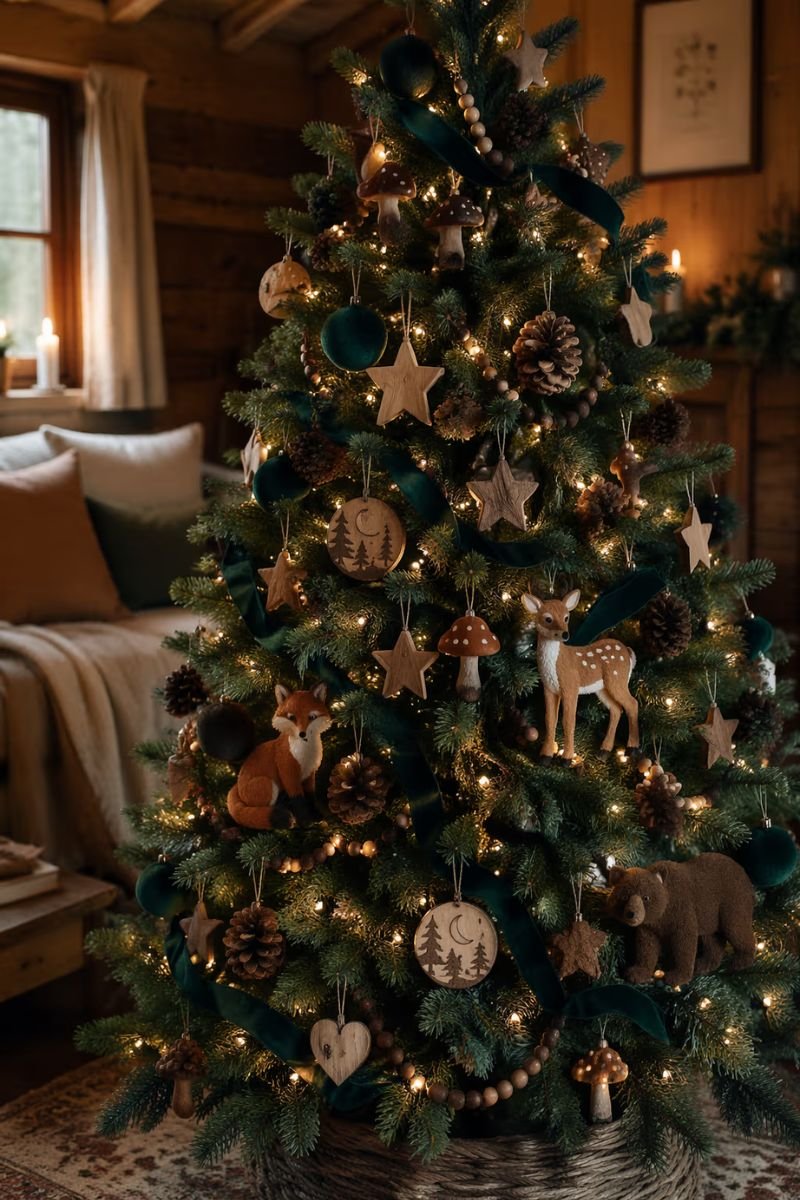 Woodland Christmas tree with brown and forest green tones pinecones wooden ornaments and felt animal decorations