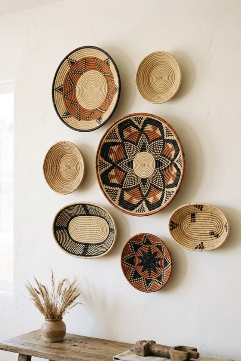 Woven basket wall art display with mixed sizes and patterns on a warm white wall