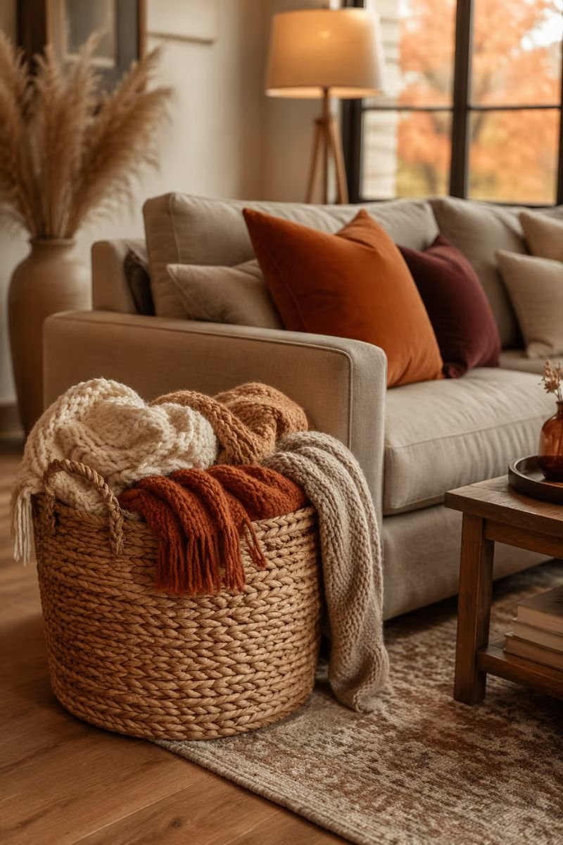 Woven basket with throw blankets as cozy fall living room storage decor