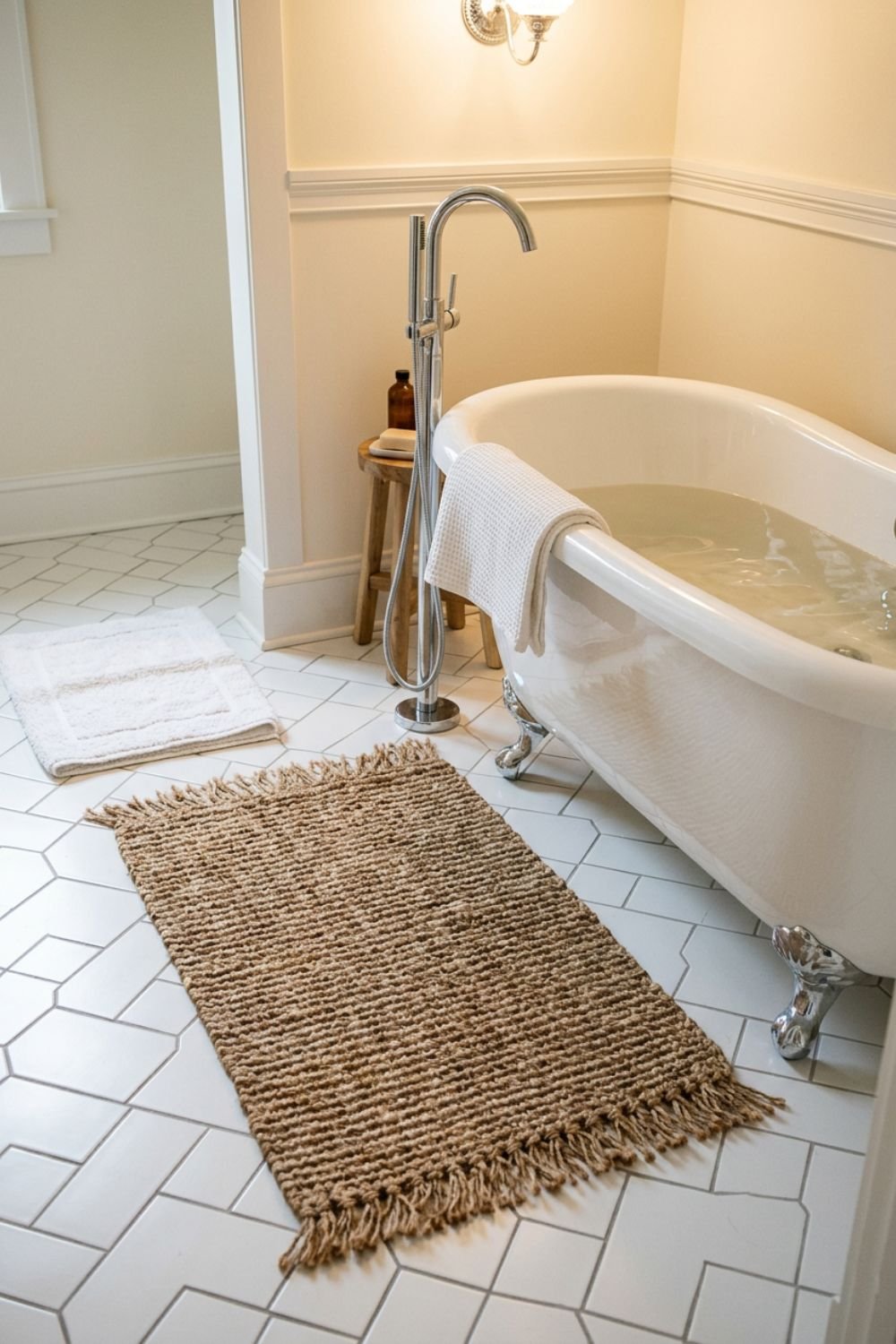 Woven jute rug layered beside a white bath mat in a natural linen and rattan bathroom