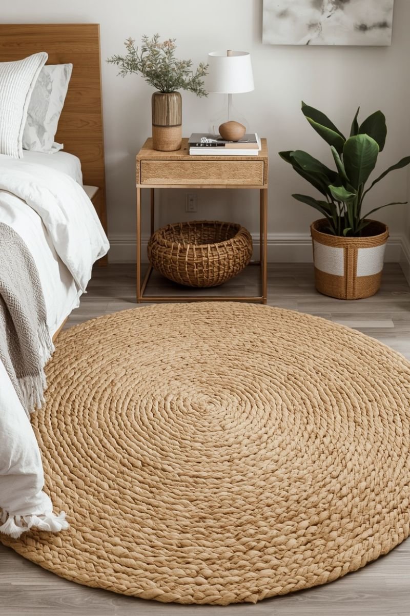Woven jute wool rug bedside fall bedroom warm natural fiber decor