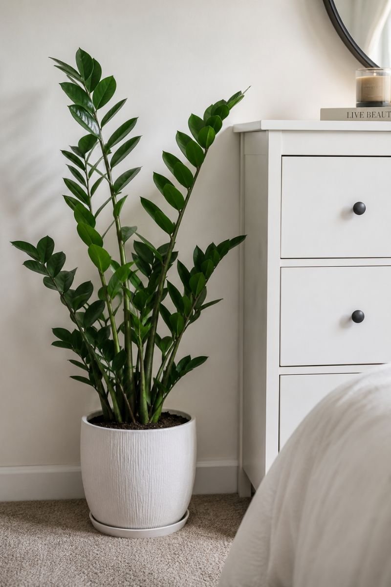 ZZ plant with shiny leaves in bedroom corner