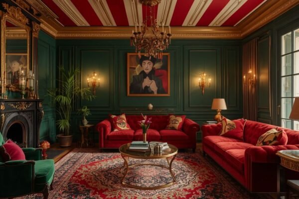 FunHaus decor living room with circus-inspired striped ceiling and bold maximalist style