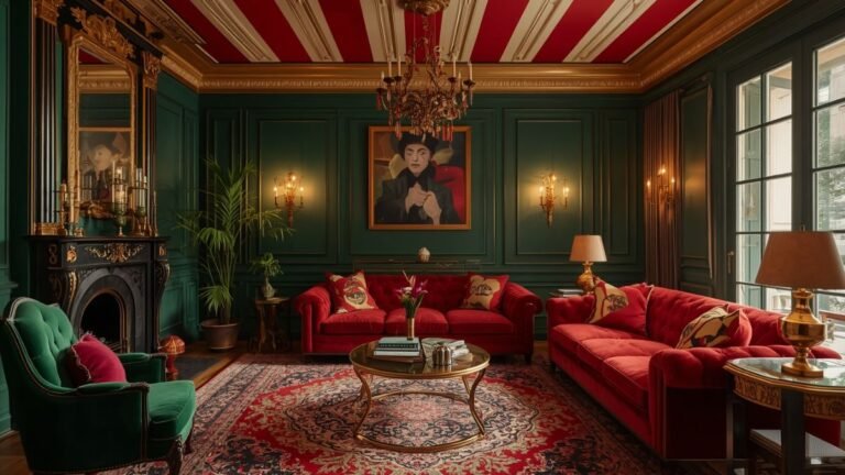 FunHaus decor living room with circus-inspired striped ceiling and bold maximalist style