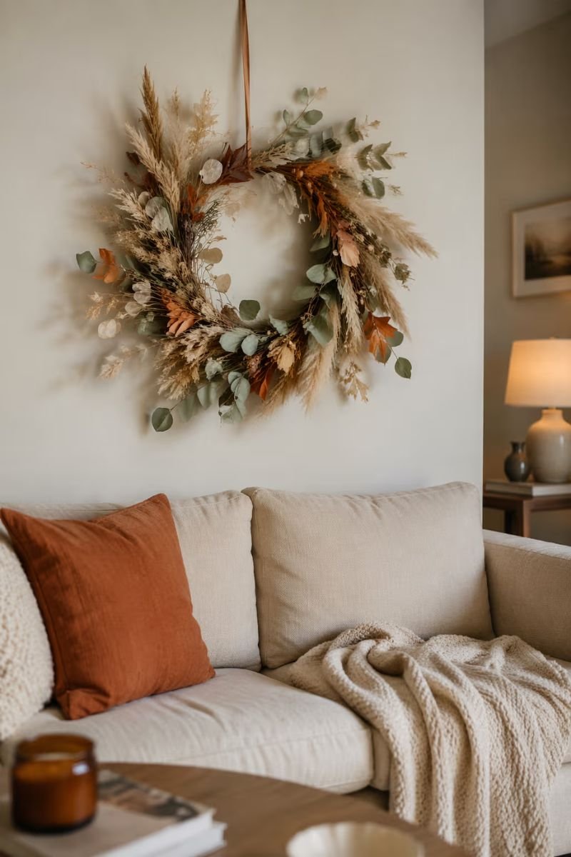ried botanical fall wreath hanging on a living room accent wall