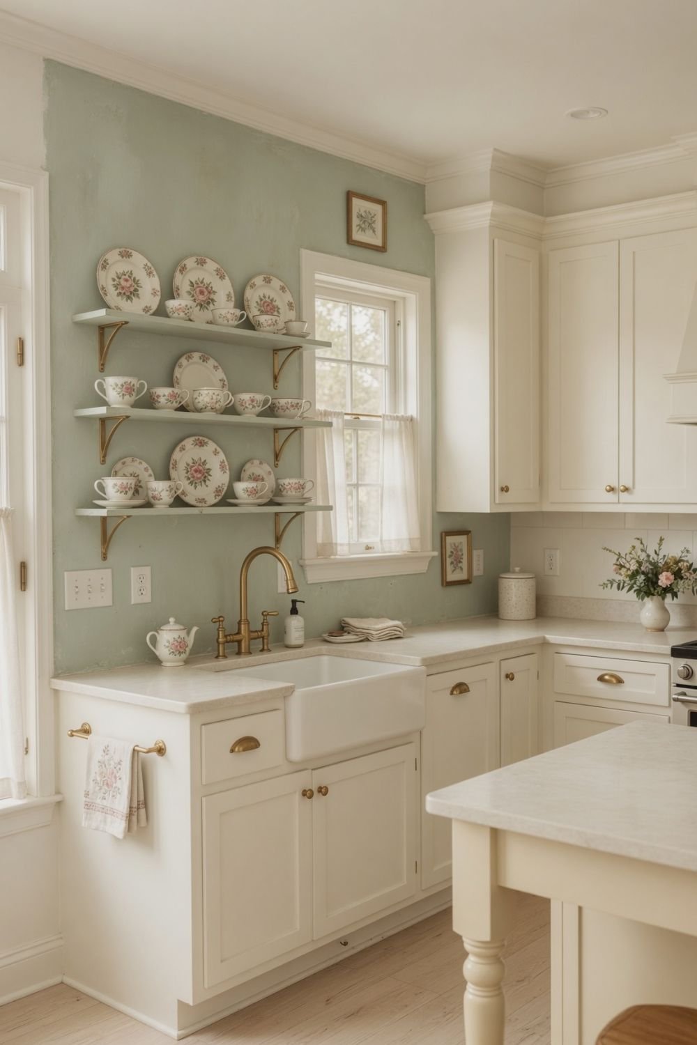 Dusty sage green kitchen wall with white open shelves and floral china in a Grandma Core kitchen