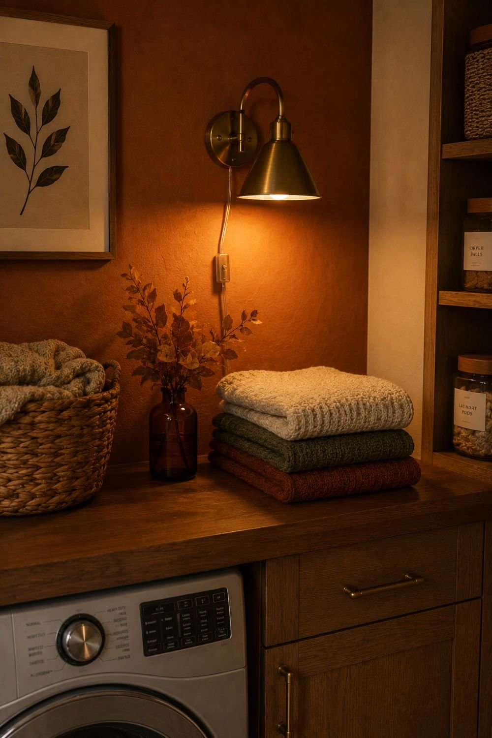 warm sconce lighting in fall laundry room