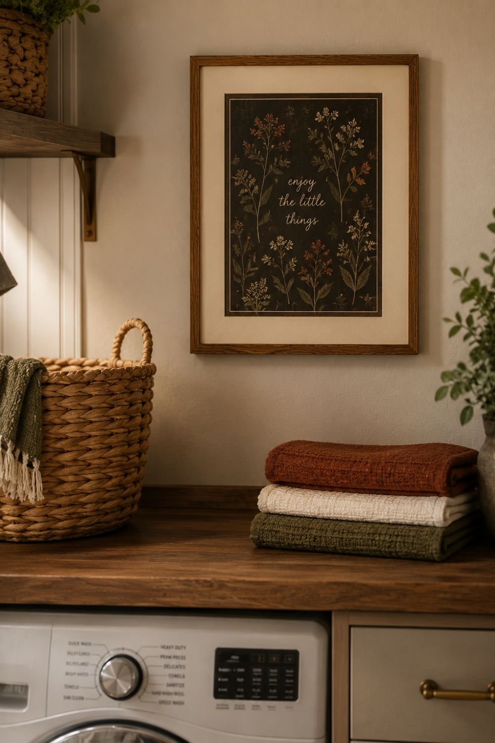 framed print above laundry room counter
