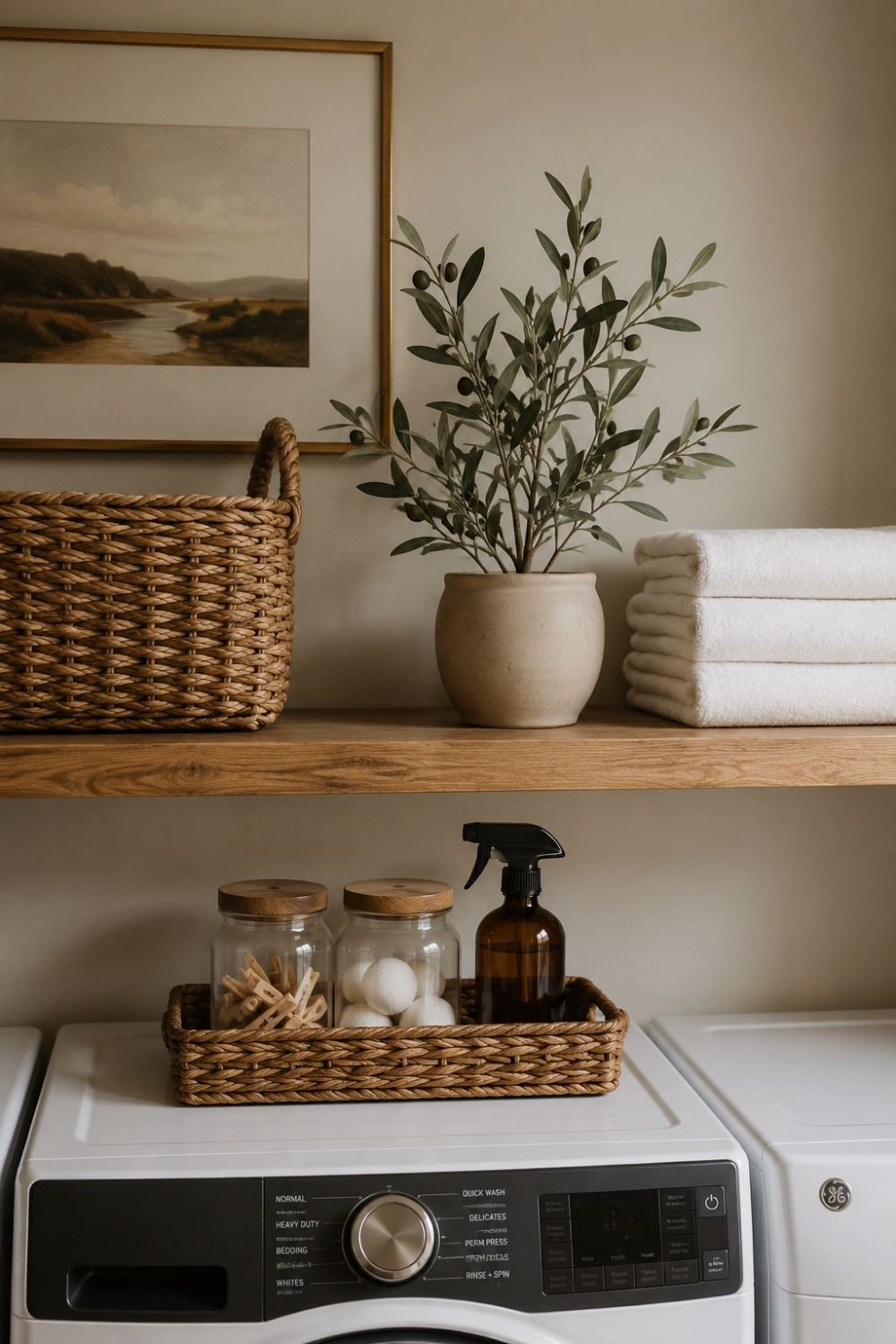 potted plant on fall laundry room shelf