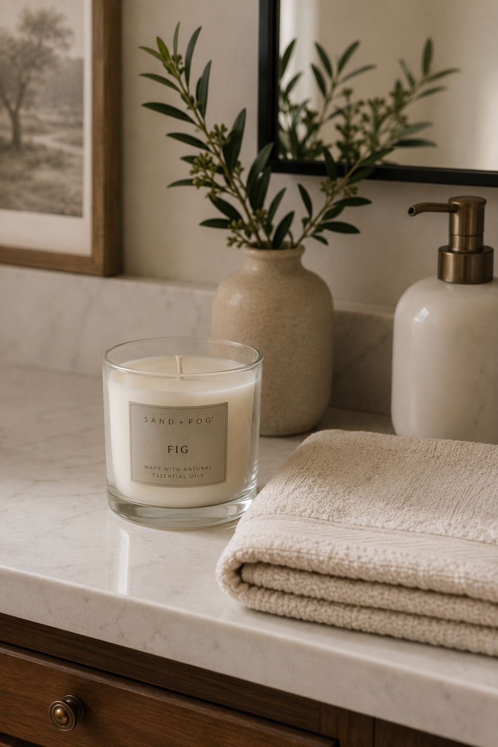 scented candle on guest bathroom counter