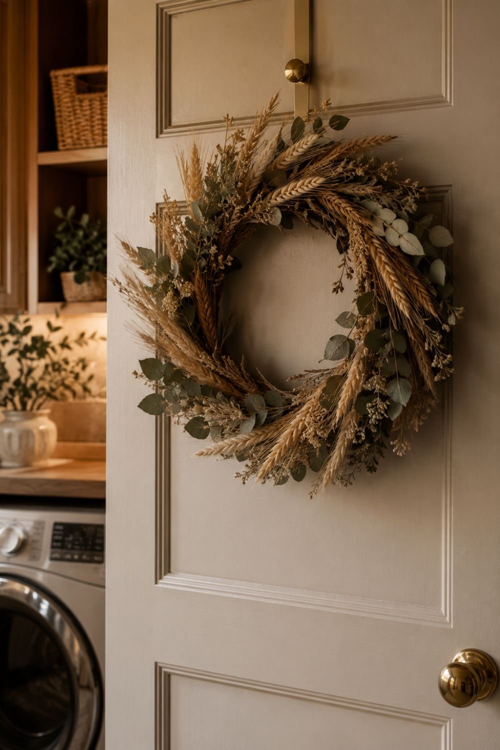 dried fall wreath on laundry room door