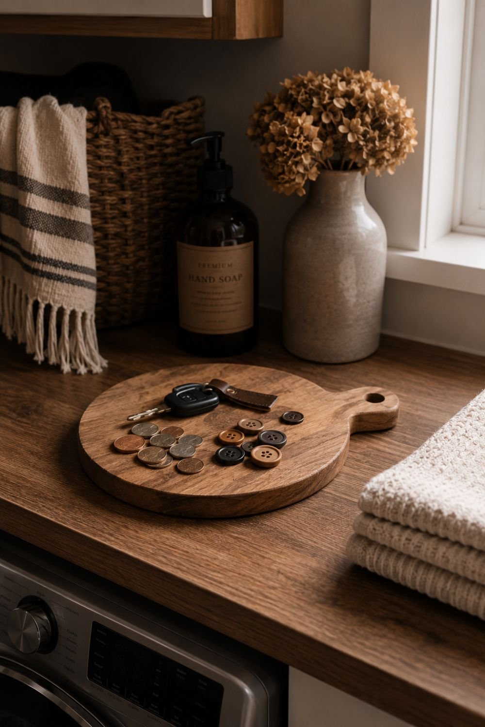 wood catch-all tray laundry room counter