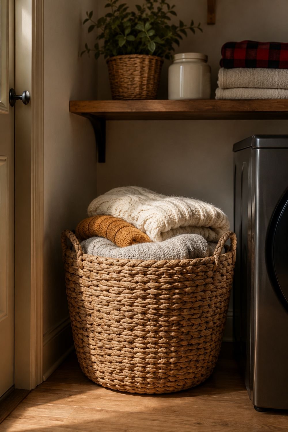 woven basket for linens in fall laundry room
