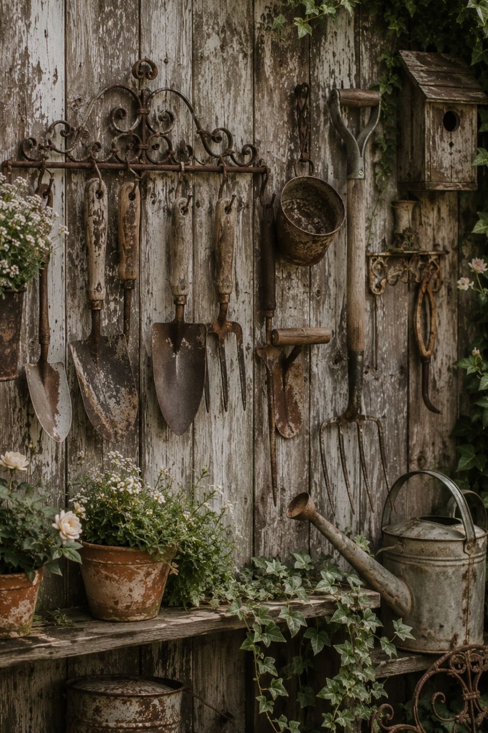 Antique garden tools displayed on fence in vintage style