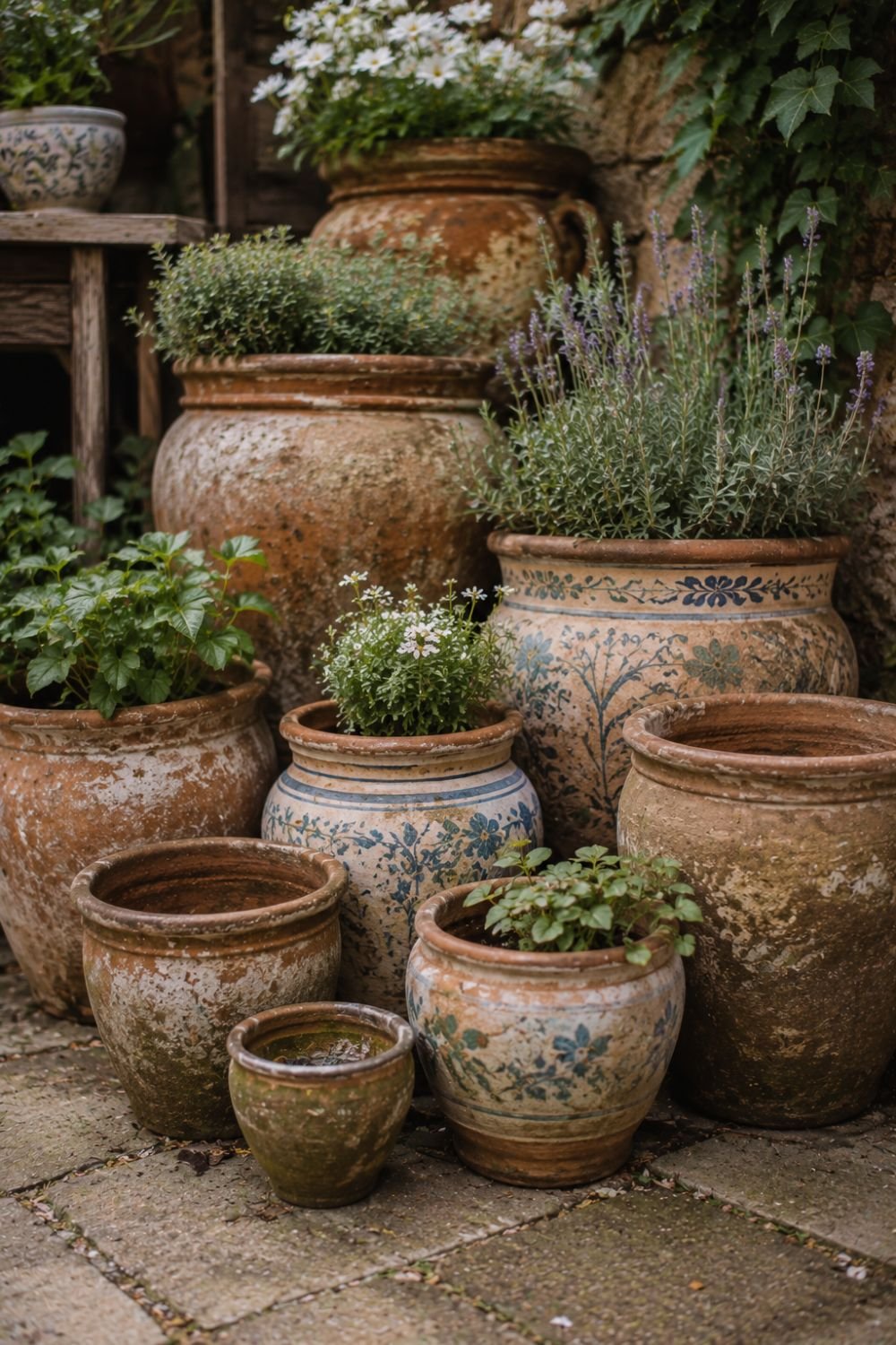 Antique terra cotta planters with weathered patina in vintage garden