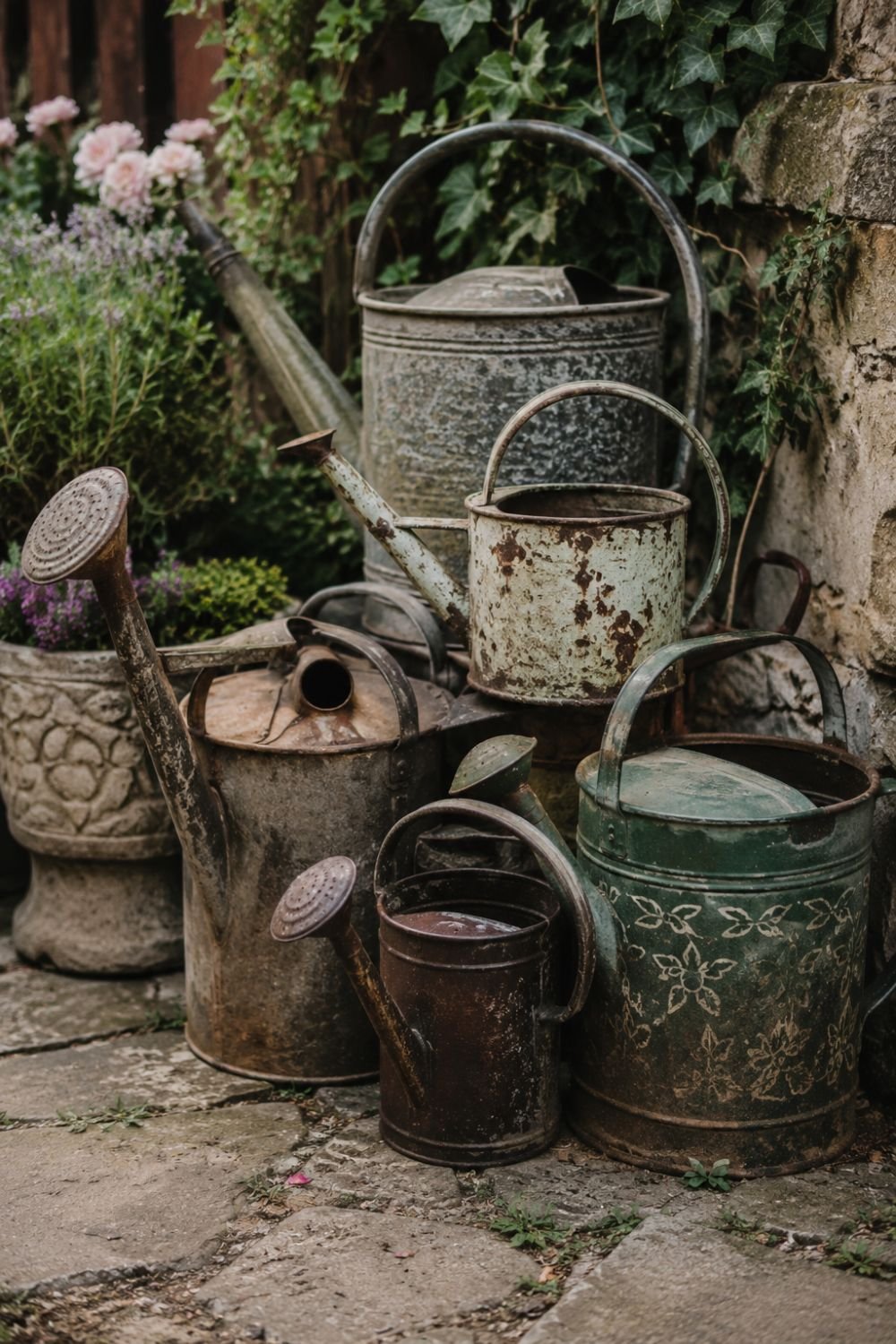 Antique watering cans collection creating vintage garden focal point