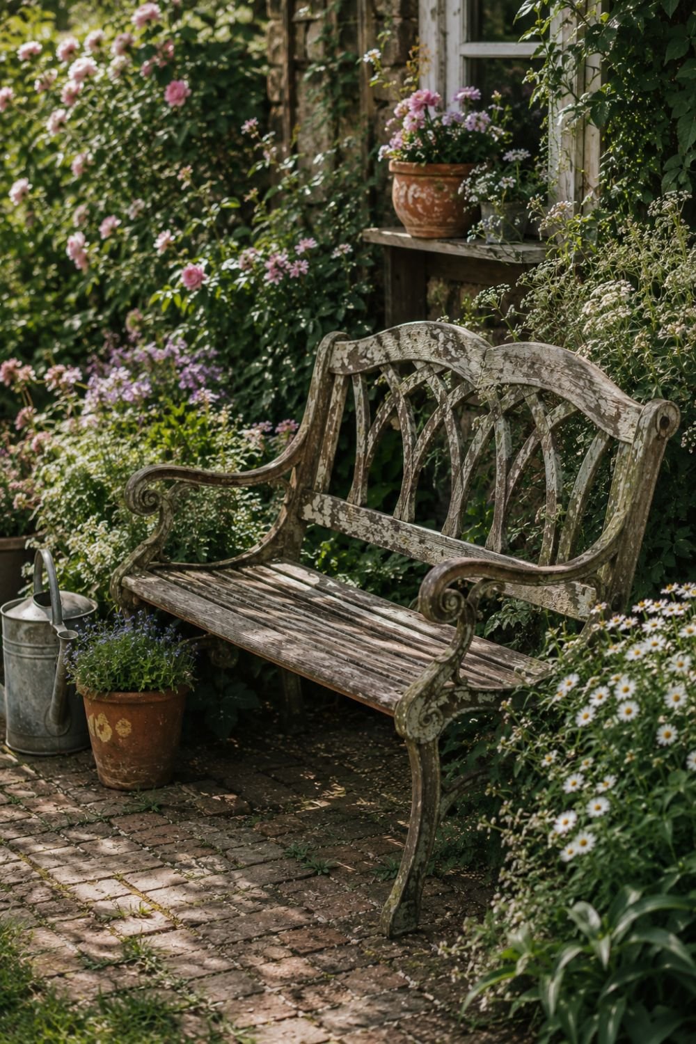 Antique wrought iron bench in vintage garden surrounded by plants