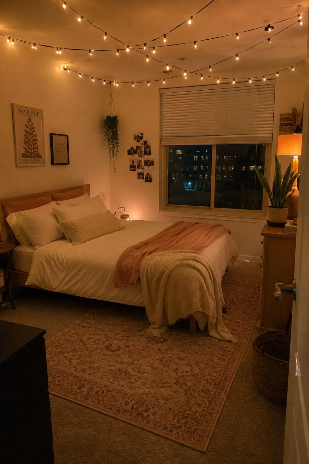 String lights creating warm cozy ambiance in apartment bedroom