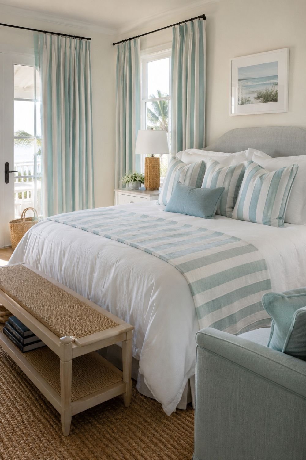 Aquamarine and white striped pillows creating classic coastal look