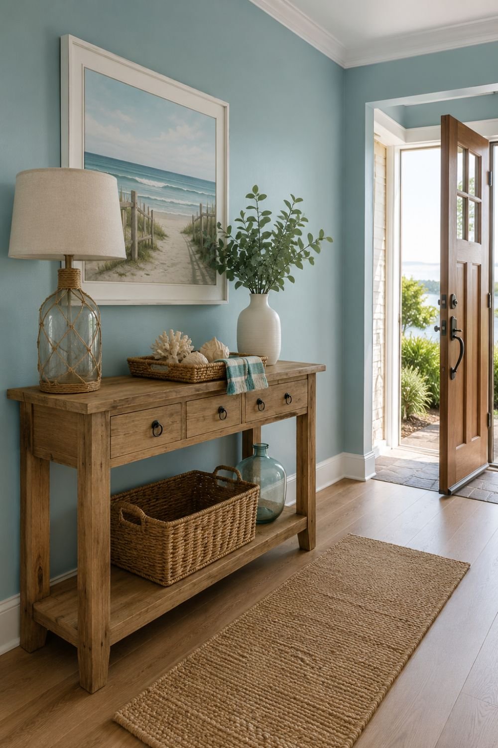 Aquamarine entryway with natural wood console creating coastal welcome
