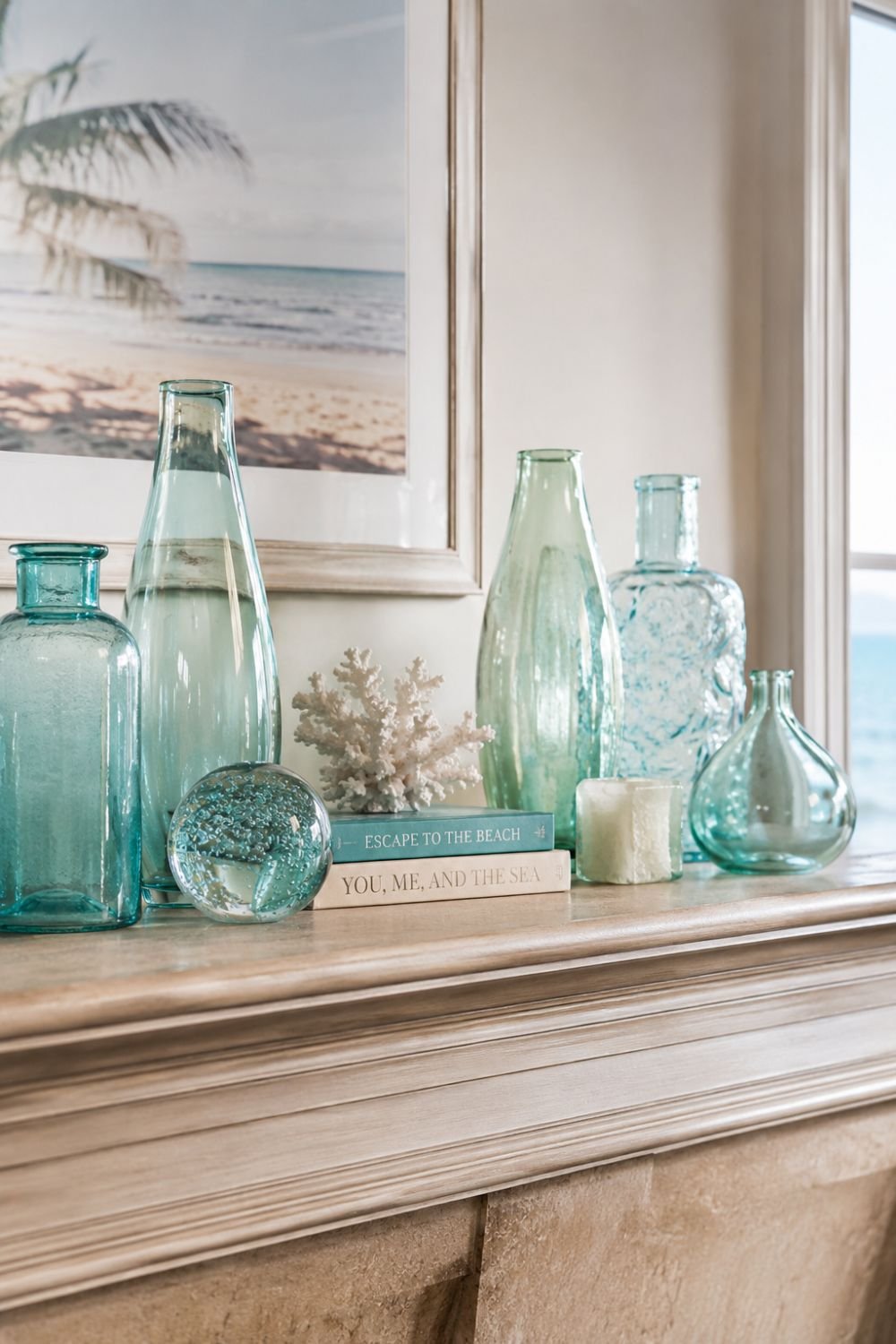 Aquamarine glass vases and coastal glass decor displayed on shelf