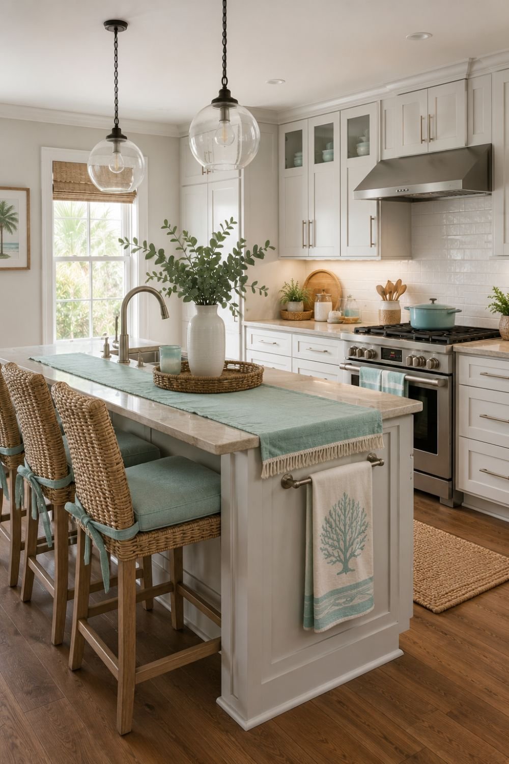 Aquamarine kitchen textiles and accessories in fresh coastal kitchen
