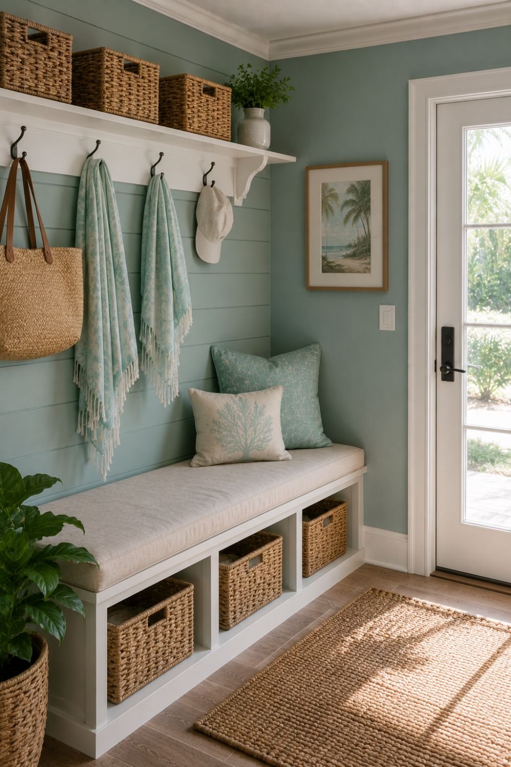 Aquamarine mudroom with bench creating organized coastal entry space