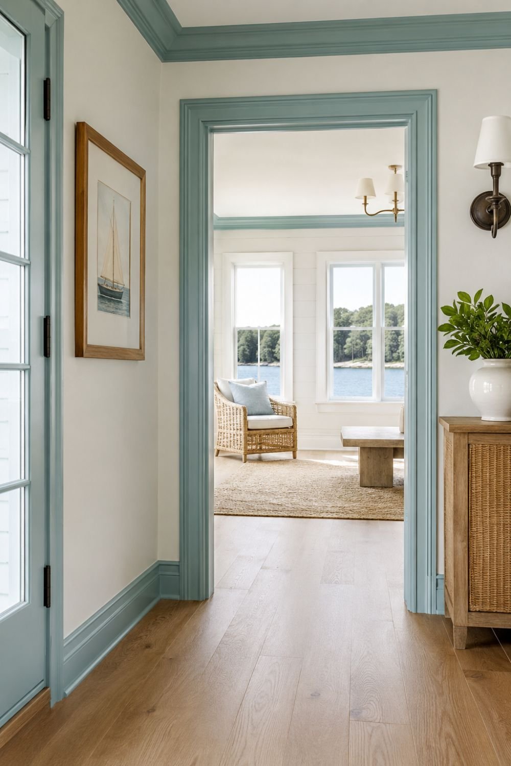 Aquamarine painted door frame and trim creating coastal architectural detail