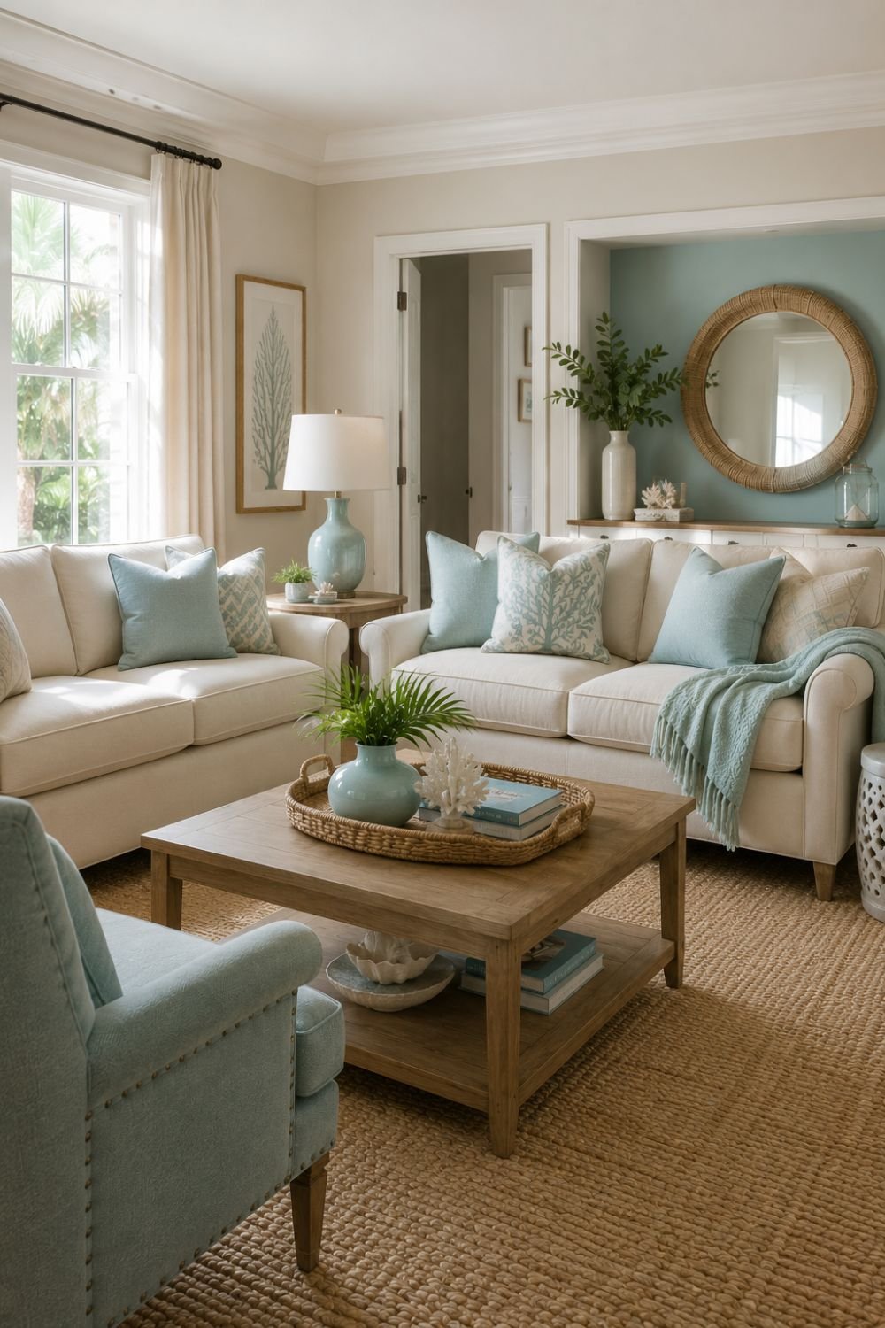 Aquamarine paired with neutral colors in sophisticated coastal room