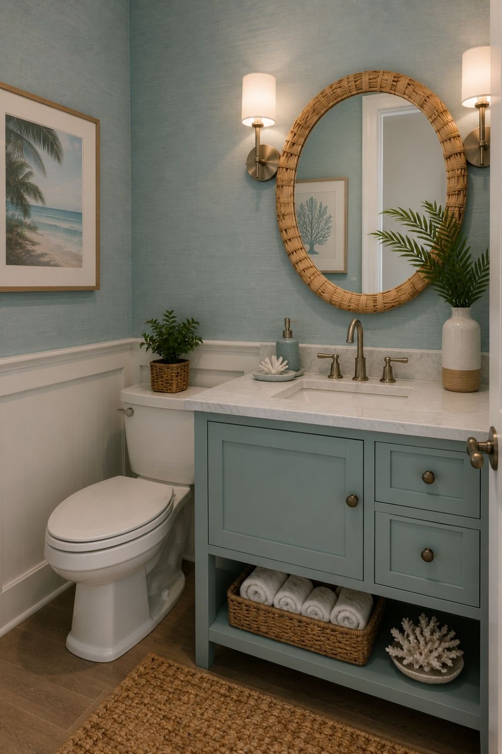 Aquamarine powder room with coastal artwork creating compact retreat