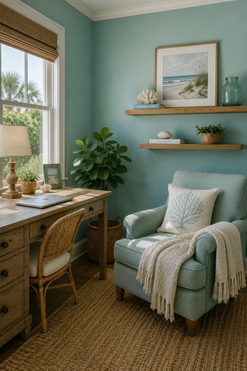 Aquamarine reading nook creating peaceful coastal work space