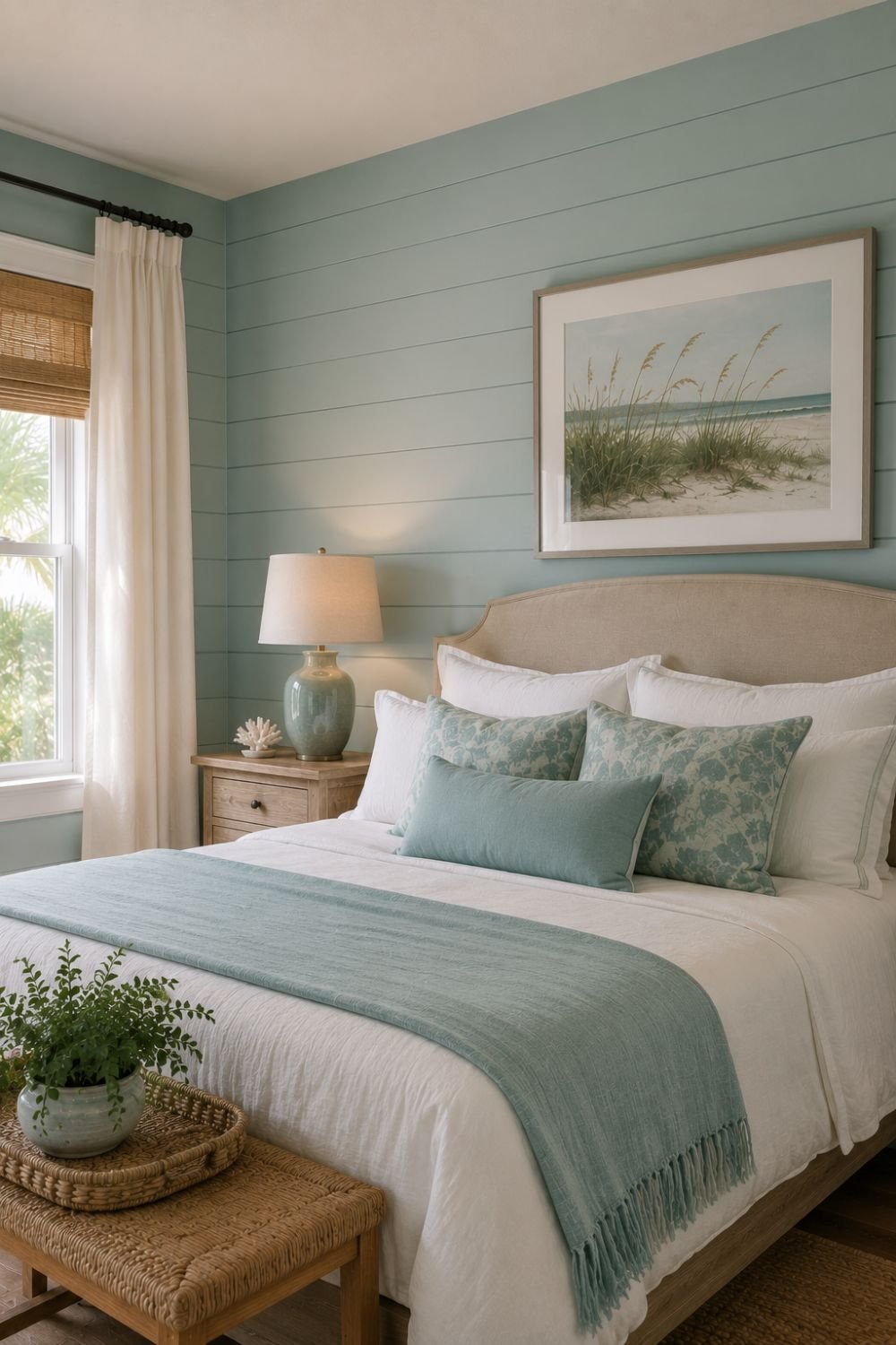 Aquamarine shiplap wall creating architectural interest in coastal home