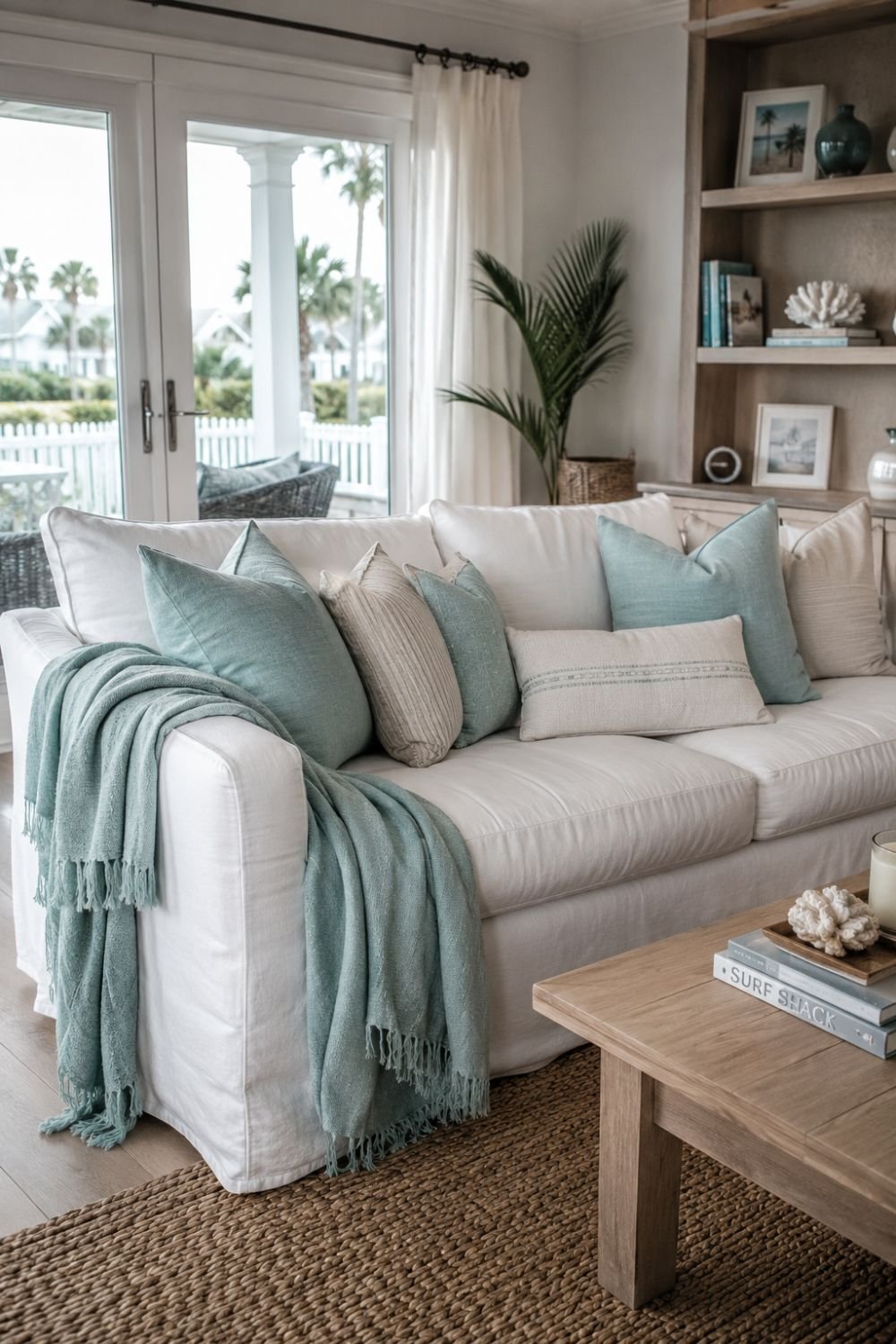 Aquamarine throw pillows and blanket on sofa creating coastal style