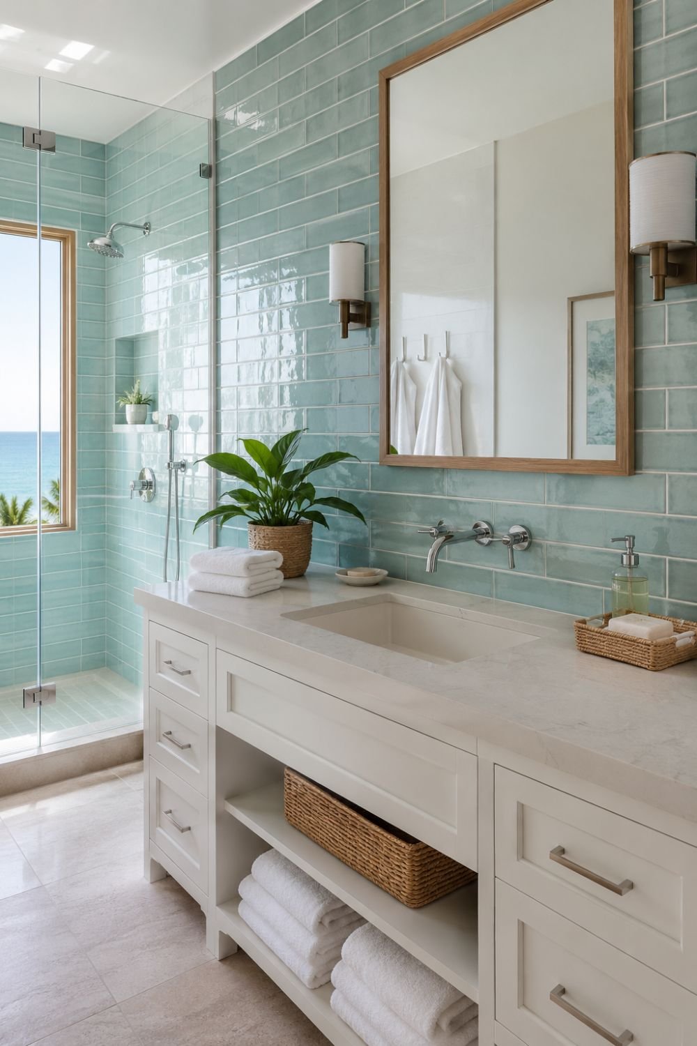Aquamarine tile in bathroom creating spa-like coastal retreat