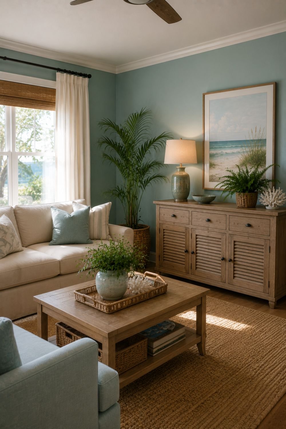 Aquamarine walls with warm wood tones creating cozy coastal home