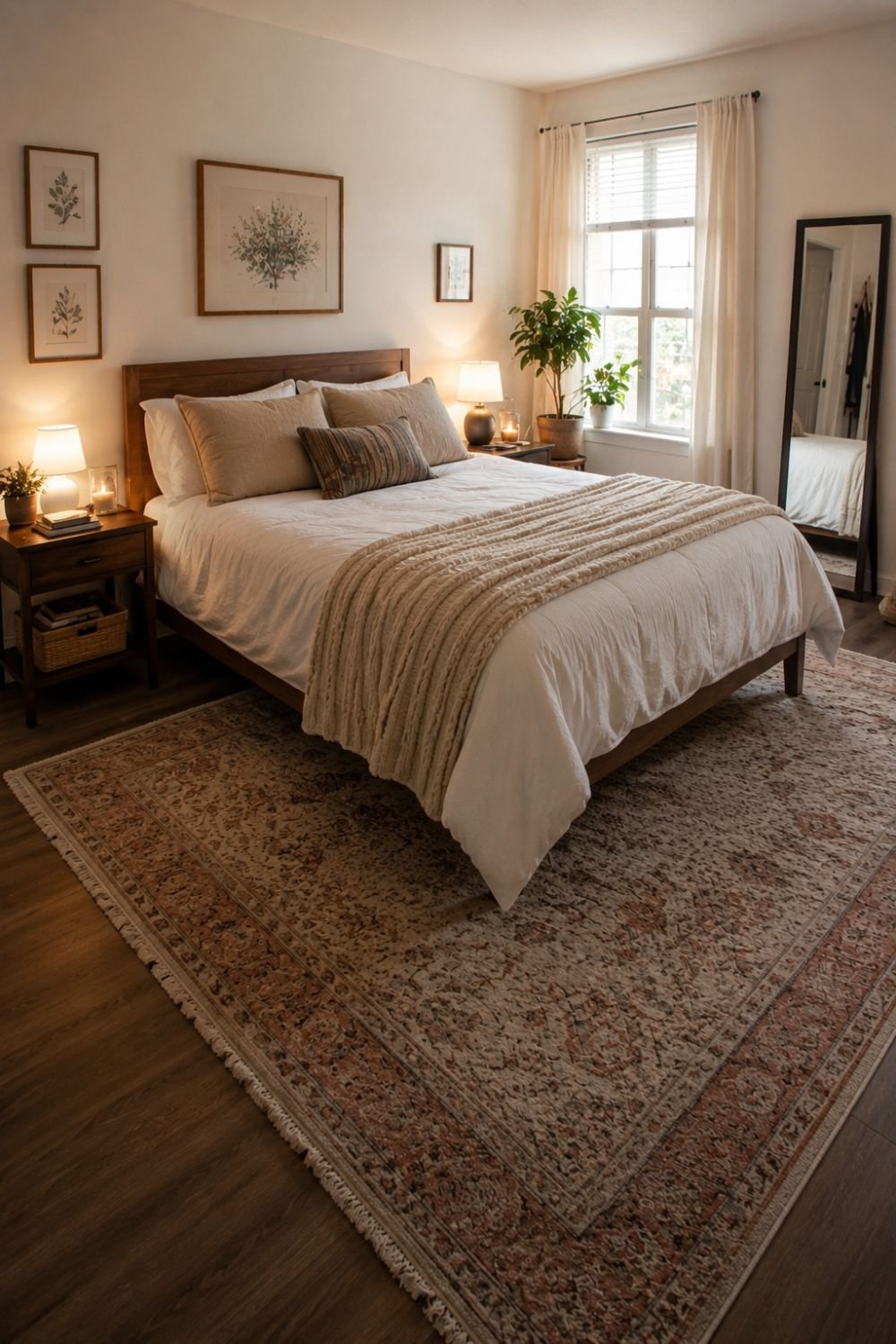 Area rug under bed creating warm defined apartment bedroom