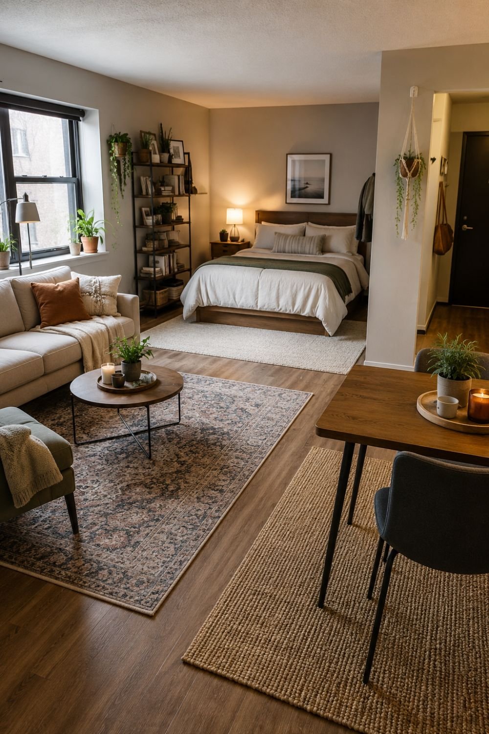 Area rugs defining distinct zones in studio apartment layout
