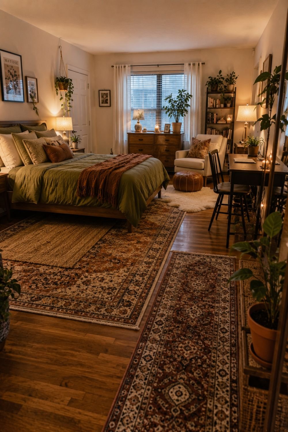 Area rugs defining spaces in apartment bedroom