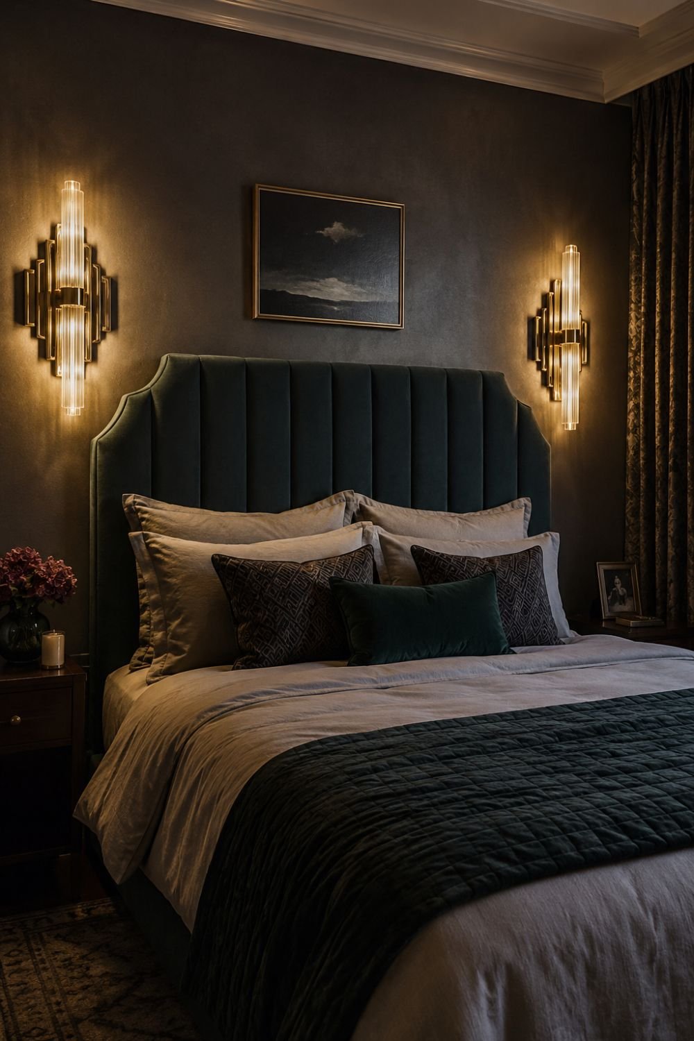 Lighting is decoration in a neo deco bedroom.