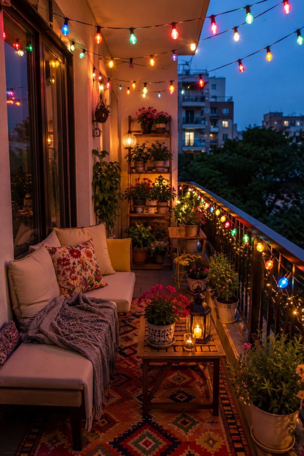 Balcony strung with colorful string lights overhead creating festive bright atmosphere in small space.