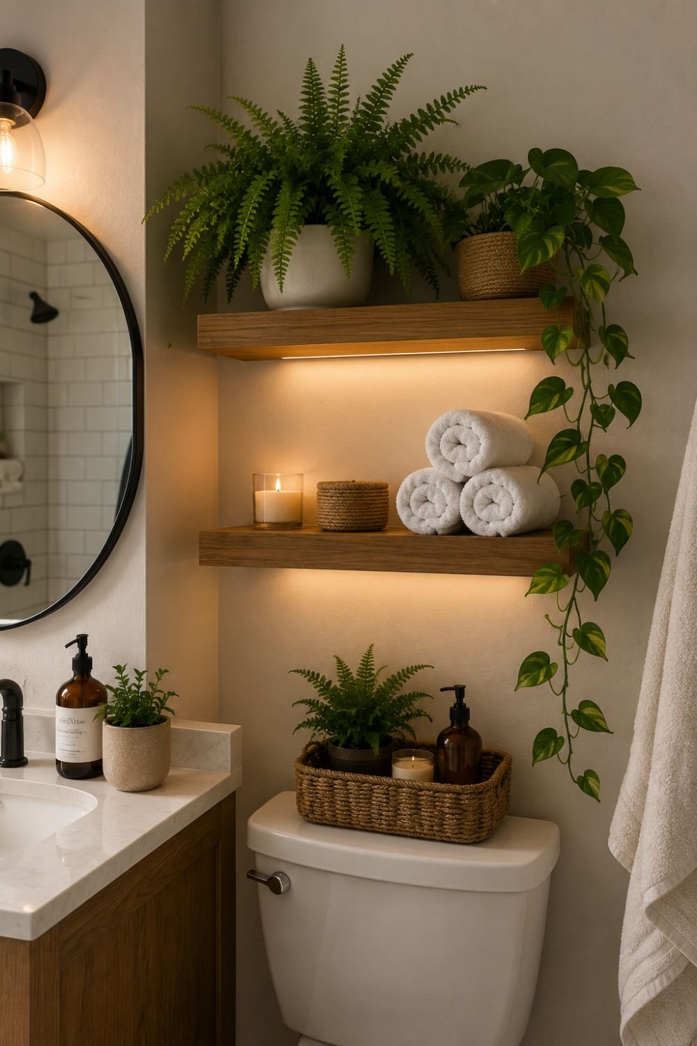 Bathroom shelves decorated with humidity-loving indoor plants
